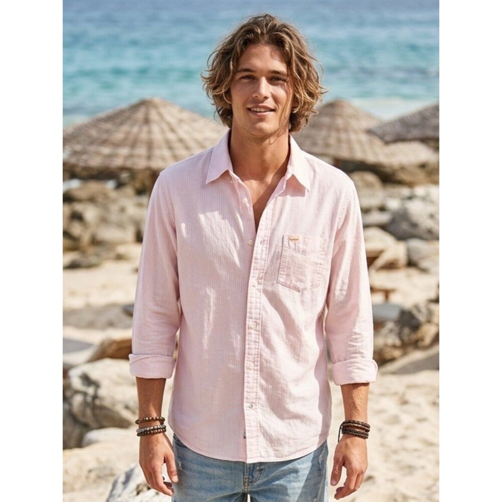 Vintage Hollister Men's Light Pink Striped Button-Down Shirt Size Medium